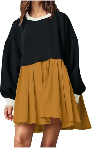 Fall Dress for Women 2024 Cute Color Block Long Sleeve Crewneck Sweatshirt Dresses Causal Fashion Ruffle Mini Dress