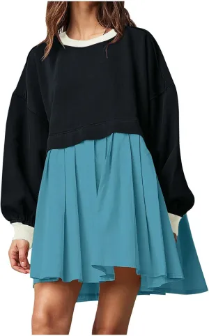 Fall Dress for Women 2024 Cute Color Block Long Sleeve Crewneck Sweatshirt Dresses Causal Fashion Ruffle Mini Dress
