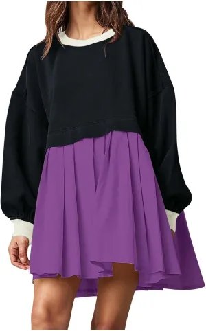 Fall Dress for Women 2024 Cute Color Block Long Sleeve Crewneck Sweatshirt Dresses Causal Fashion Ruffle Mini Dress