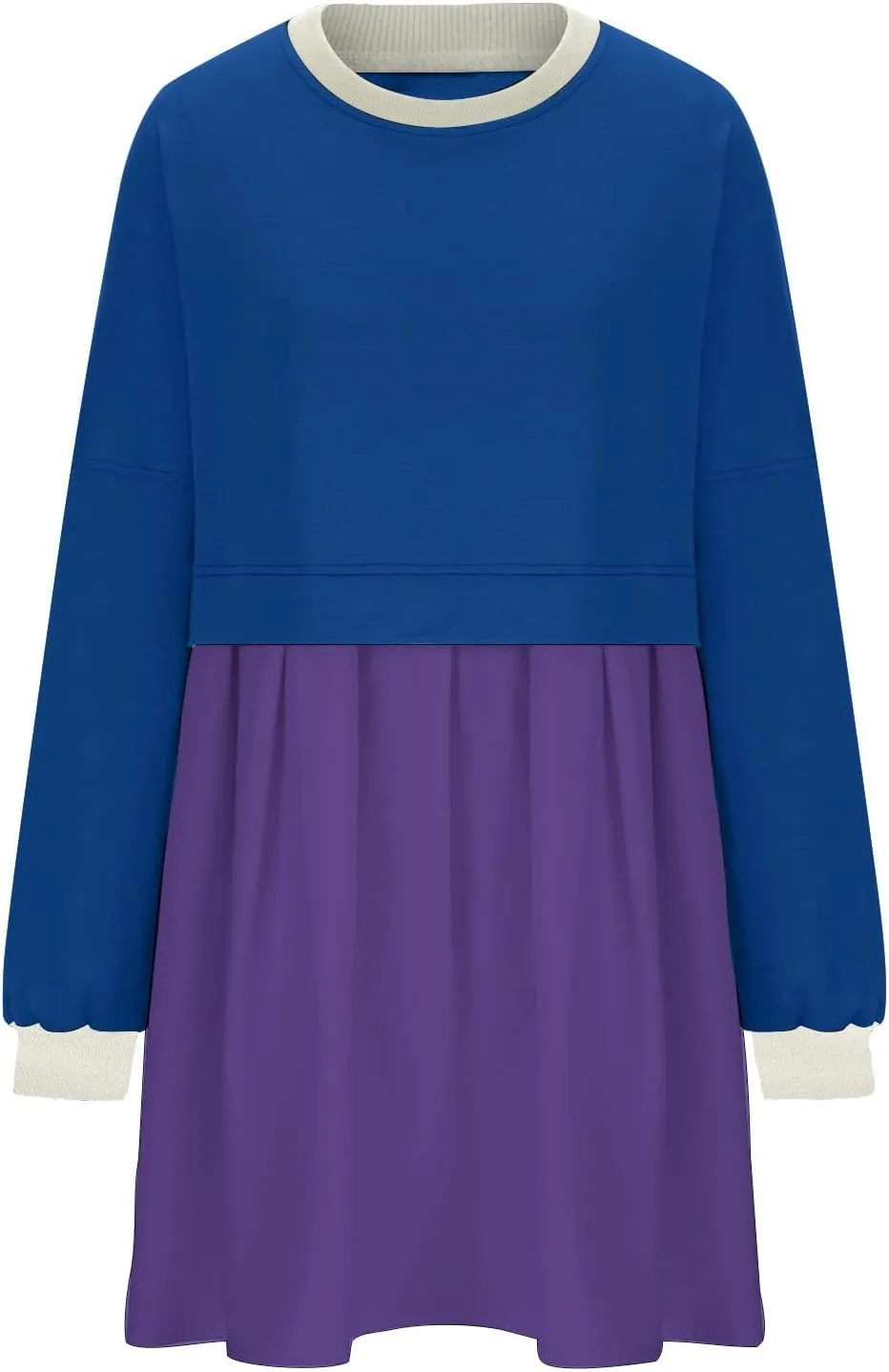 Fall Dress for Women 2024 Cute Color Block Long Sleeve Crewneck Sweatshirt Dresses Causal Fashion Ruffle Mini Dress