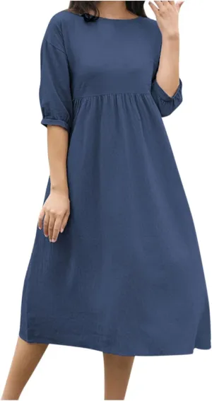 Fall Dresses for Women Cotton Linen Causal Half Sleeve Crewneck Elastic Waist Solid Loose Fit Oversized Linen Dresses
