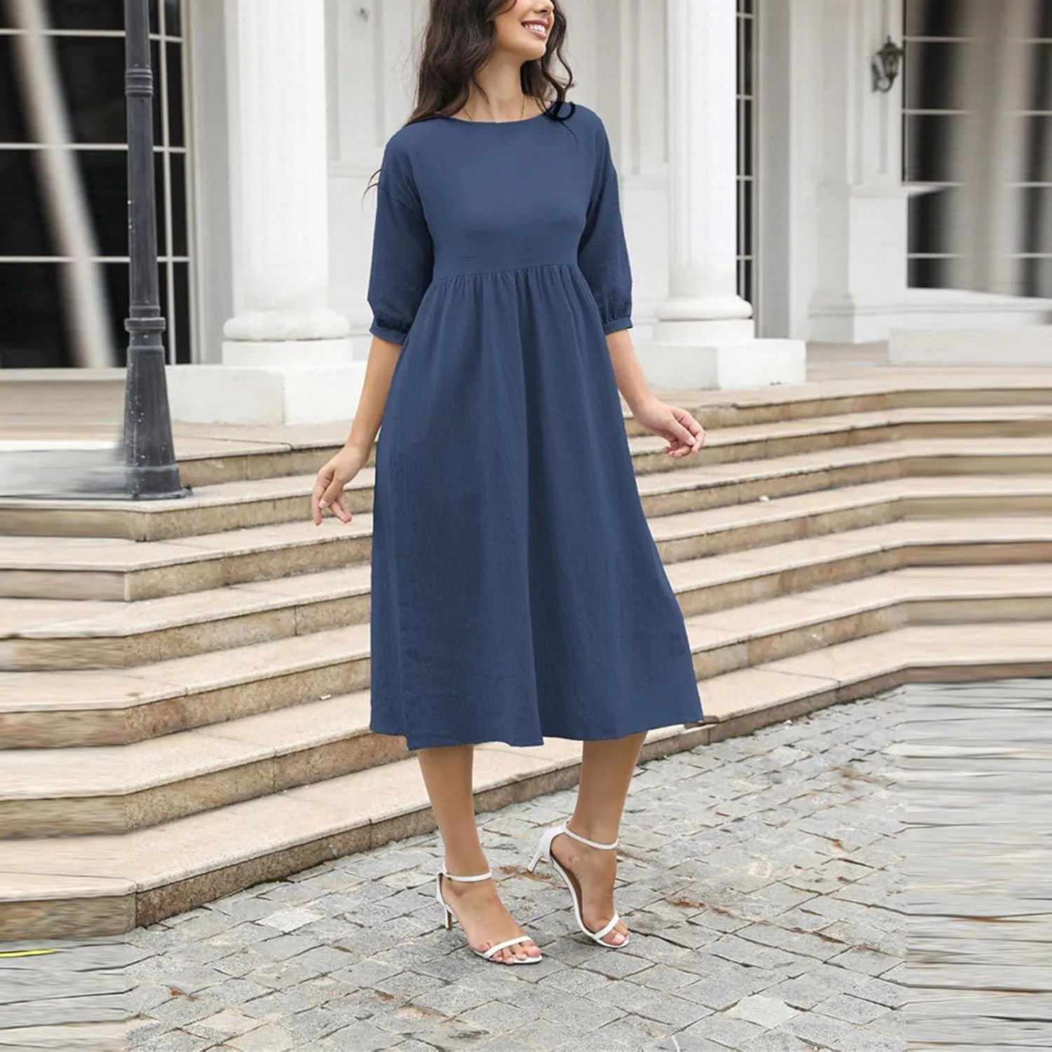 Fall Dresses for Women Cotton Linen Causal Half Sleeve Crewneck Elastic Waist Solid Loose Fit Oversized Linen Dresses