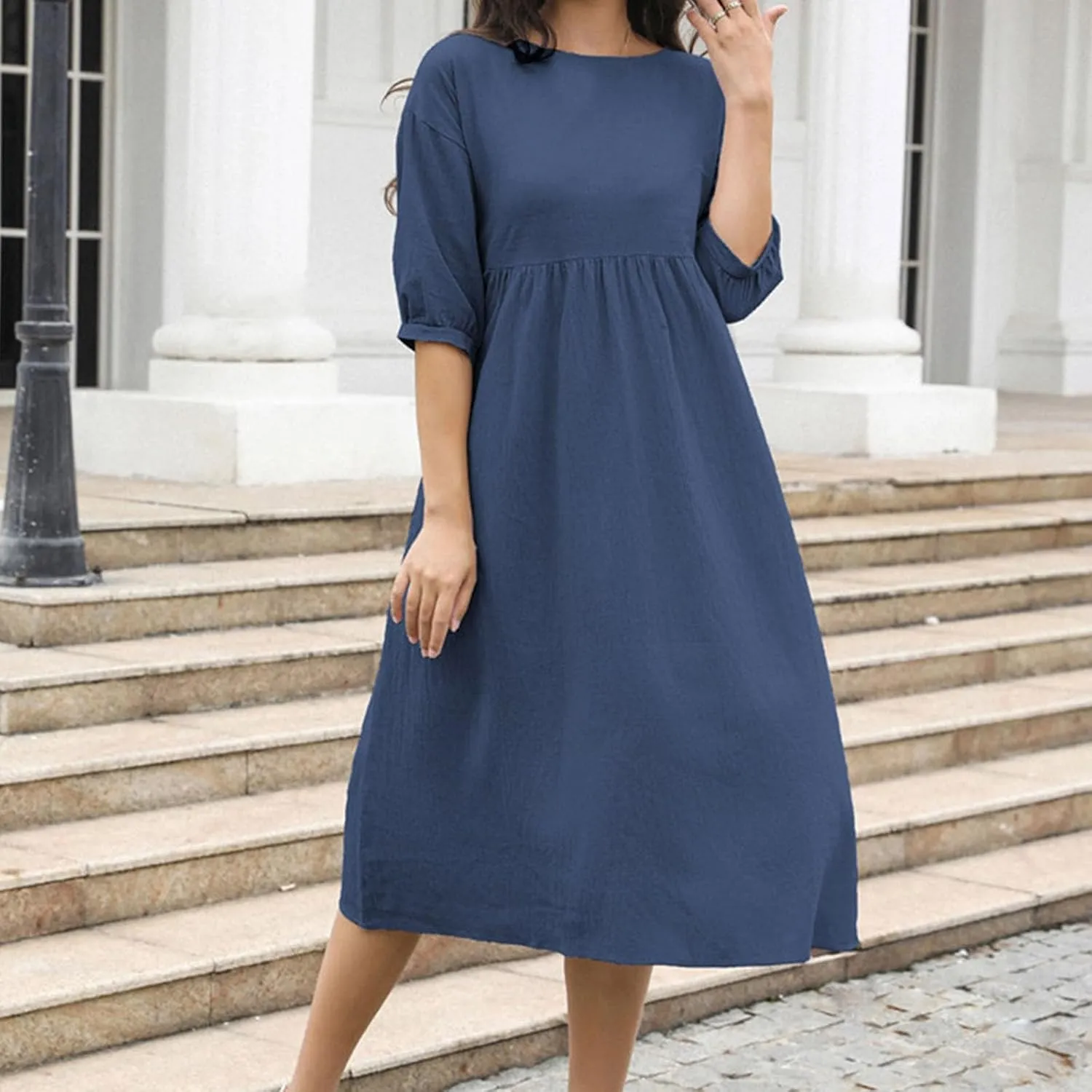 Fall Dresses for Women Cotton Linen Causal Half Sleeve Crewneck Elastic Waist Solid Loose Fit Oversized Linen Dresses