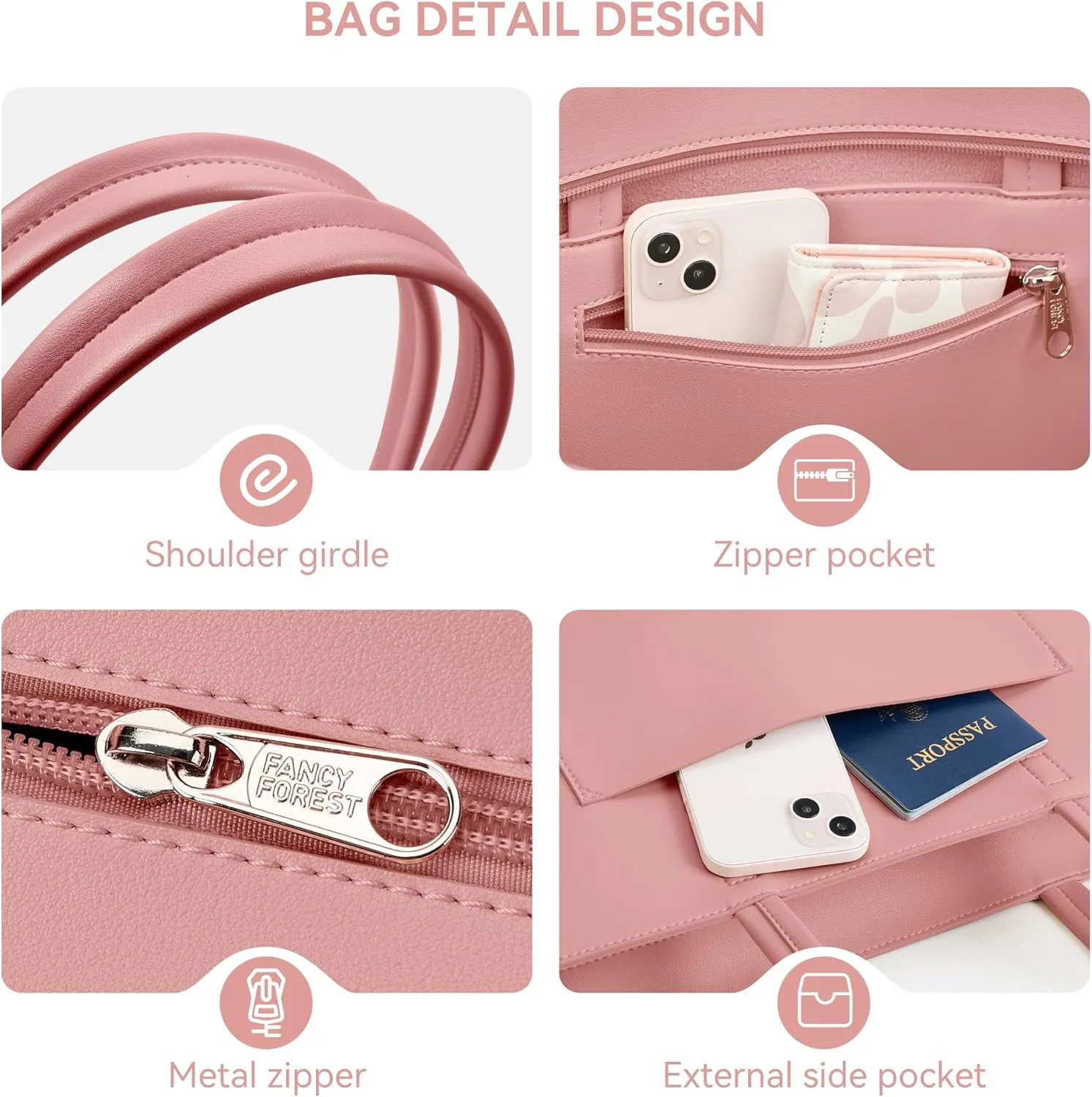 Fancy Forest Basic Tote Bag for Women Vegan Leather Hard - Stiff & Slim Shoulder Bag 18L Purse with Zipper for Work Travel