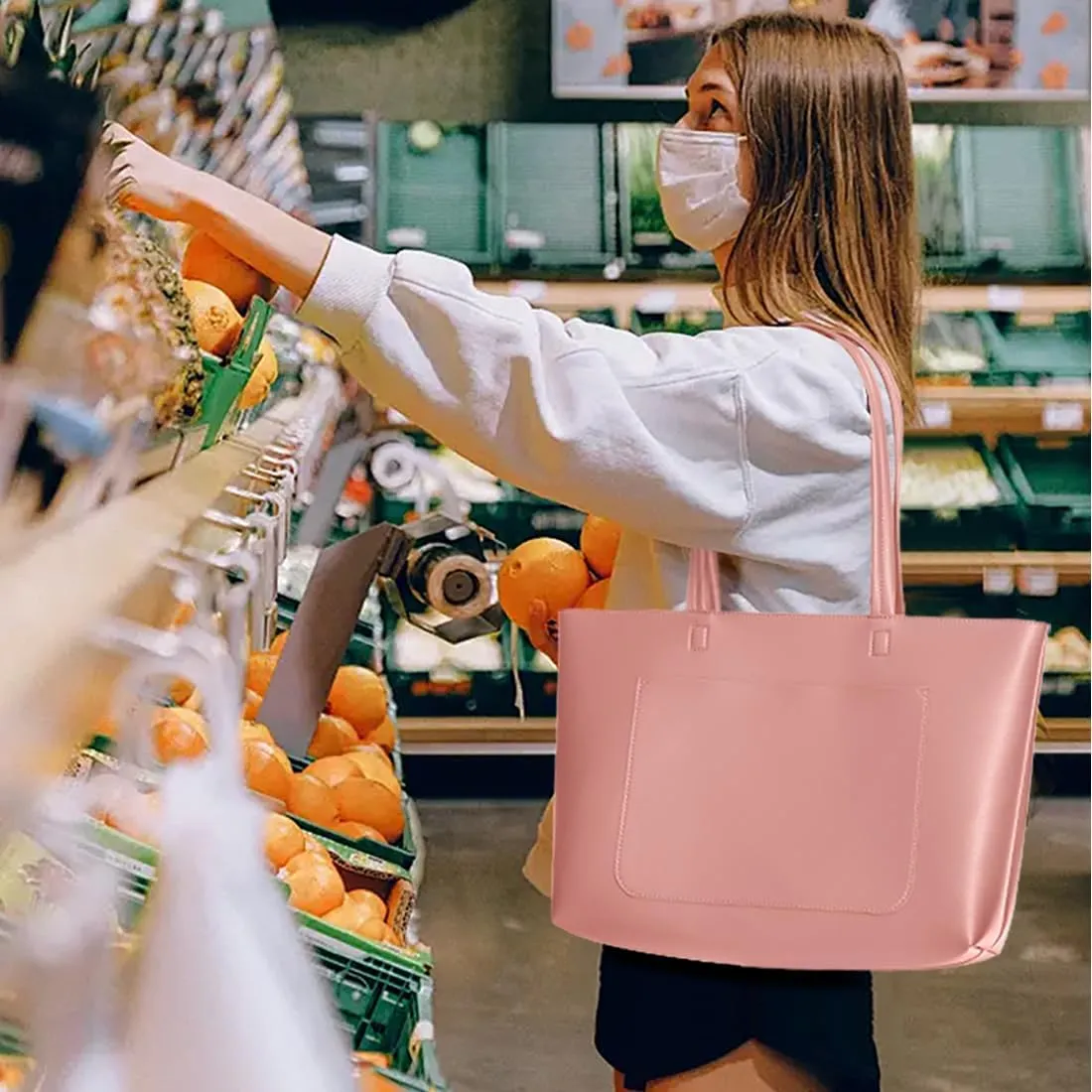 Fancy Forest Basic Tote Bag for Women Vegan Leather Hard - Stiff & Slim Shoulder Bag 18L Purse with Zipper for Work Travel