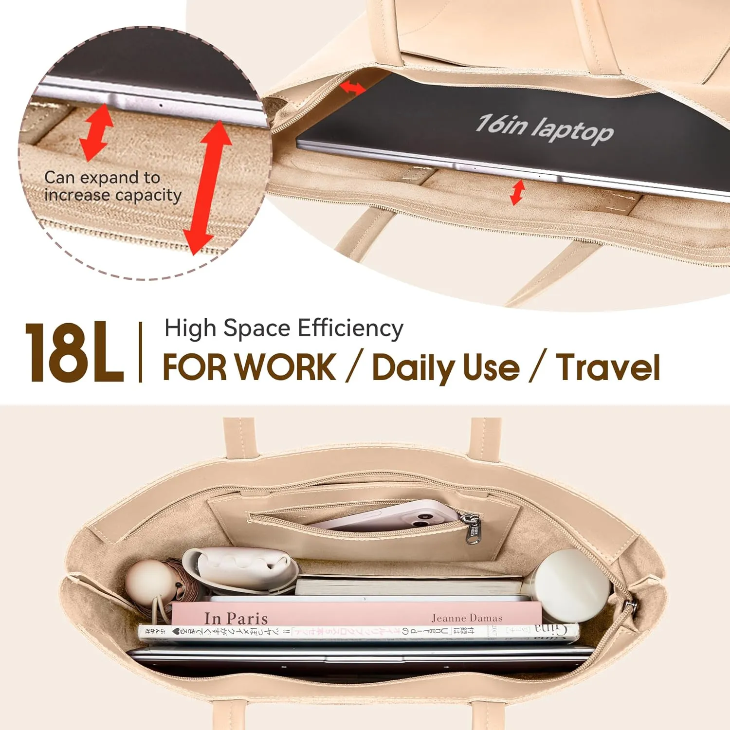 Fancy Forest Basic Tote Bag for Women Vegan Leather Hard - Stiff & Slim Shoulder Bag 18L Purse with Zipper for Work Travel