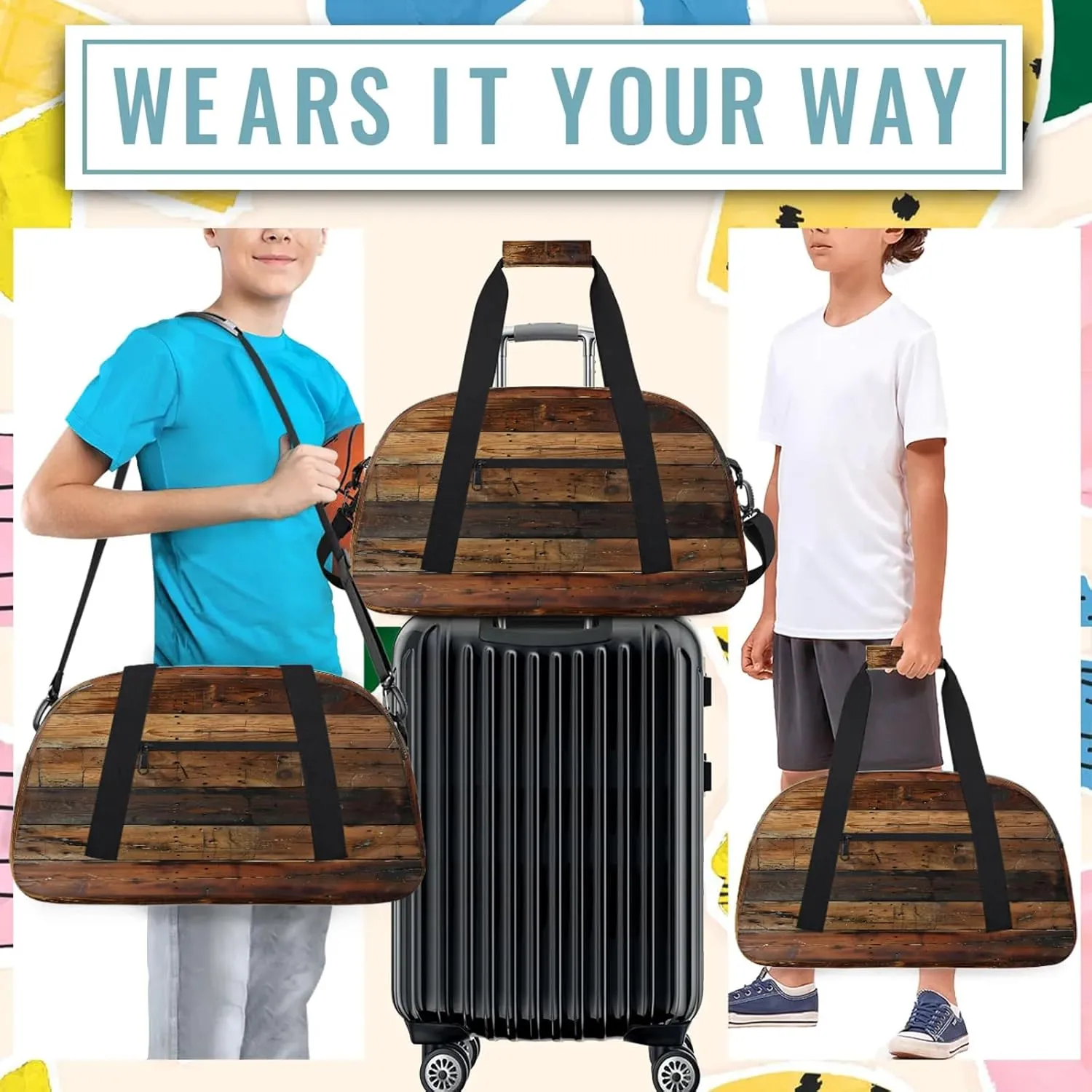 Farmhouse Brown Wooden Small Gym Bag 18 inch Carry On Duffel Bag for Weekender Travel Sports Workout Yoga Gymnastics Dance Ballet