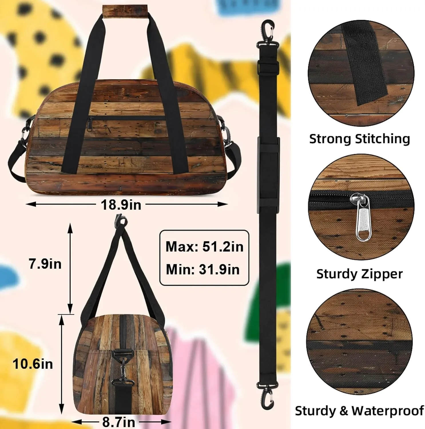 Farmhouse Brown Wooden Small Gym Bag 18 inch Carry On Duffel Bag for Weekender Travel Sports Workout Yoga Gymnastics Dance Ballet