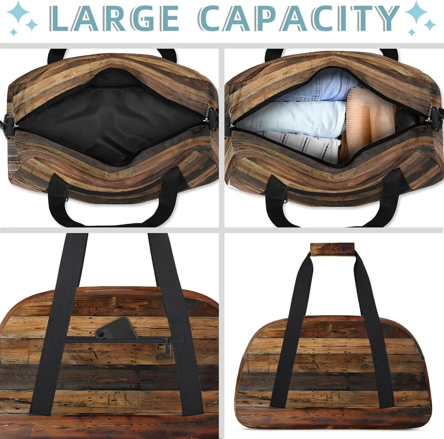 Farmhouse Brown Wooden Small Gym Bag 18 inch Carry On Duffel Bag for Weekender Travel Sports Workout Yoga Gymnastics Dance Ballet