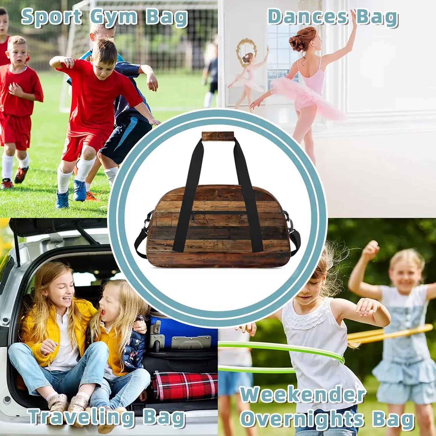Farmhouse Brown Wooden Small Gym Bag 18 inch Carry On Duffel Bag for Weekender Travel Sports Workout Yoga Gymnastics Dance Ballet