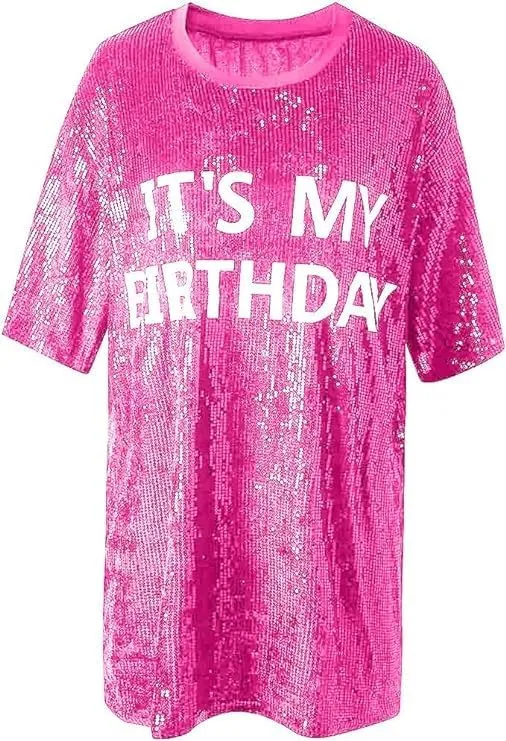 Fawjsais Women's Half Sleeve Dress O Neck Printed Sequins Mini Dress Loose Casual Sexy Nightclub Party T-Shirts Tops Dress