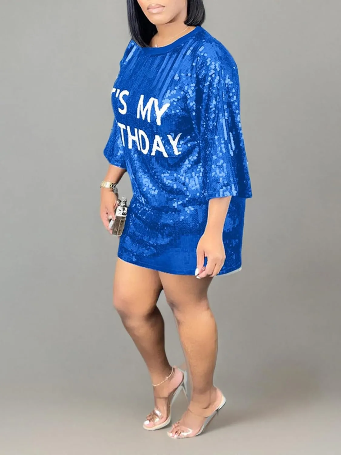 Fawjsais Women's Half Sleeve Dress O Neck Printed Sequins Mini Dress Loose Casual Sexy Nightclub Party T-Shirts Tops Dress