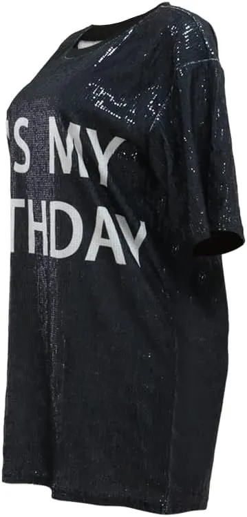 Fawjsais Women's Half Sleeve Dress O Neck Printed Sequins Mini Dress Loose Casual Sexy Nightclub Party T-Shirts Tops Dress