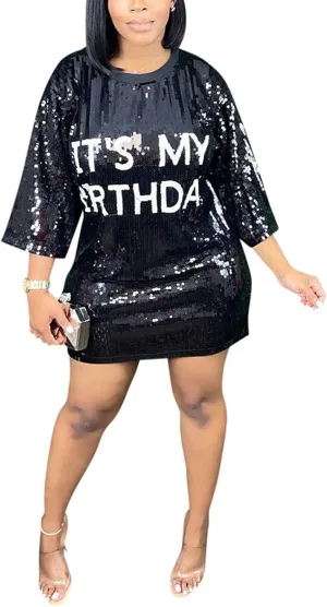 Fawjsais Women's Half Sleeve Dress O Neck Printed Sequins Mini Dress Loose Casual Sexy Nightclub Party T-Shirts Tops Dress