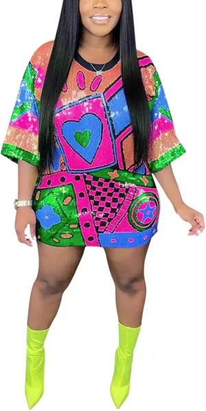 Fawjsais Women's Half Sleeve Dress O Neck Printed Sequins Mini Dress Loose Casual Sexy Nightclub Party T-Shirts Tops Dress