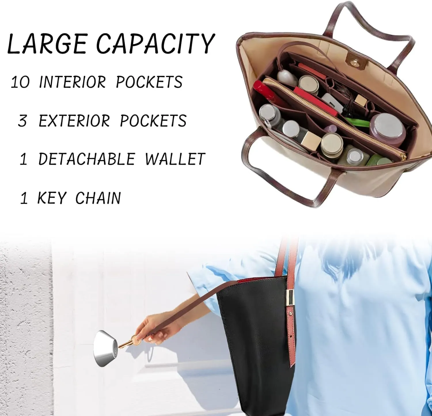 Felt Bag Organizer Insert with Zipper and Key Chain for Tote Purse - Brown Small