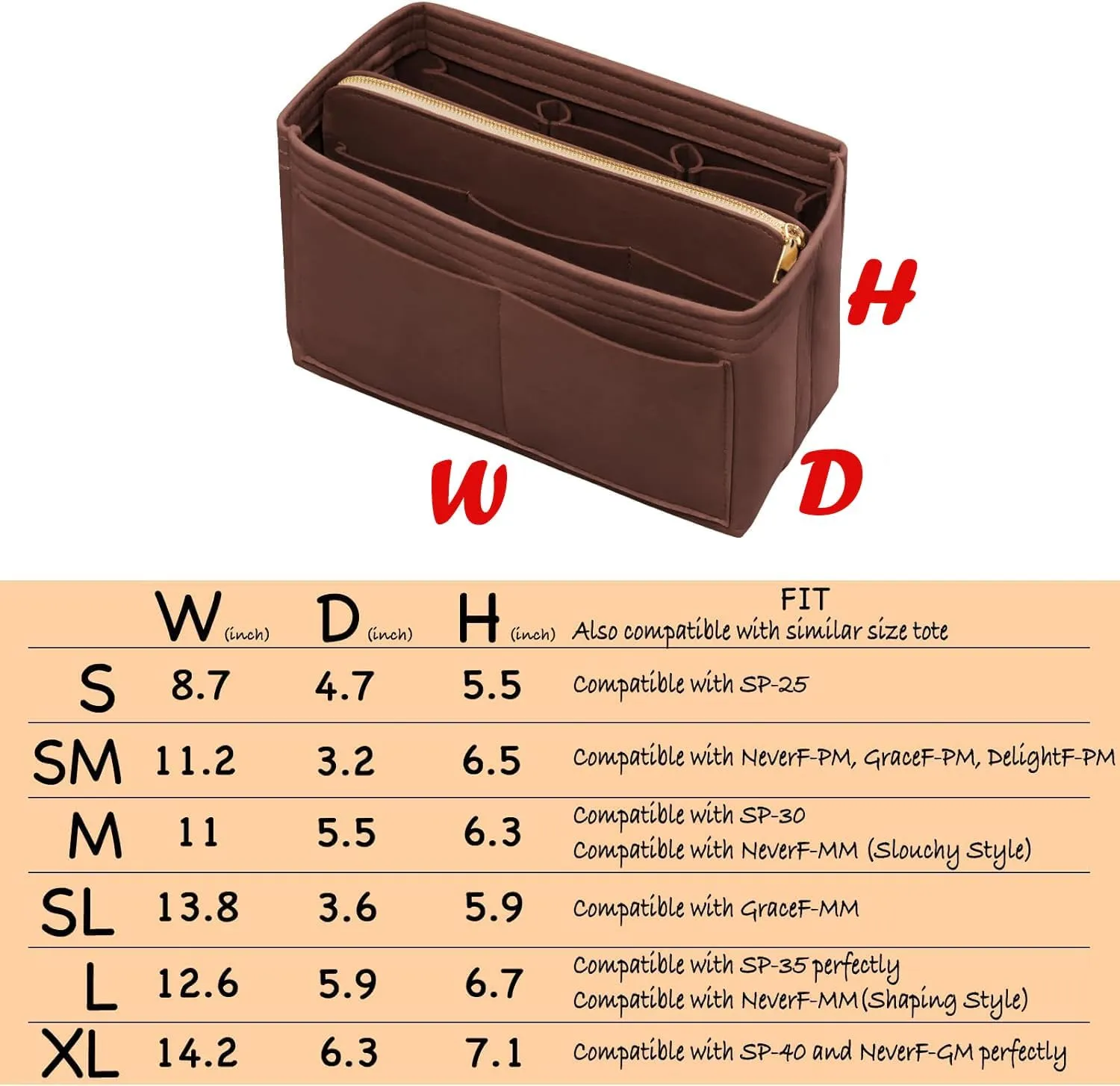 Felt Bag Organizer Insert with Zipper and Key Chain for Tote Purse - Brown Small