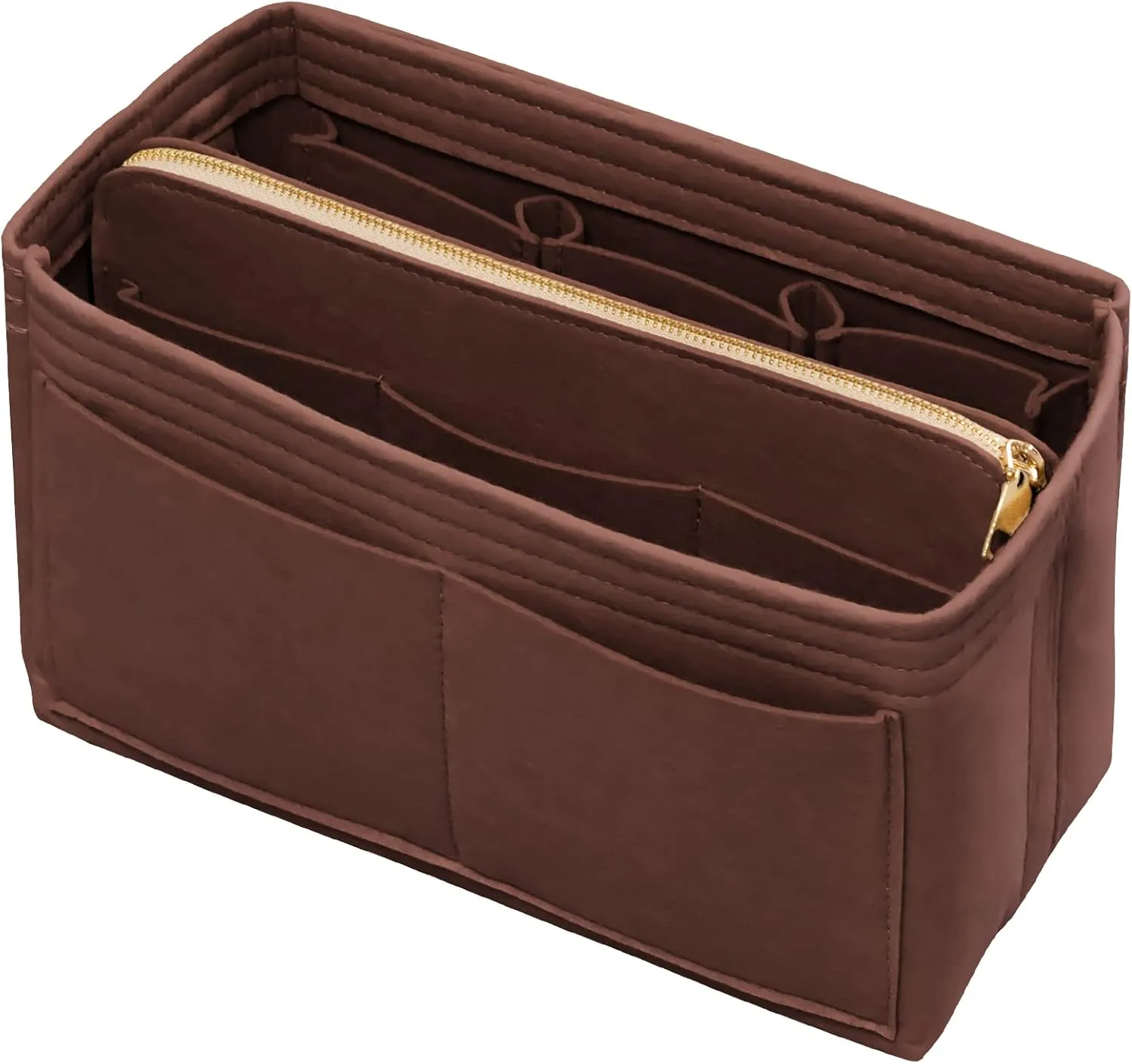 Felt Bag Organizer Insert with Zipper and Key Chain for Tote Purse - Brown Small