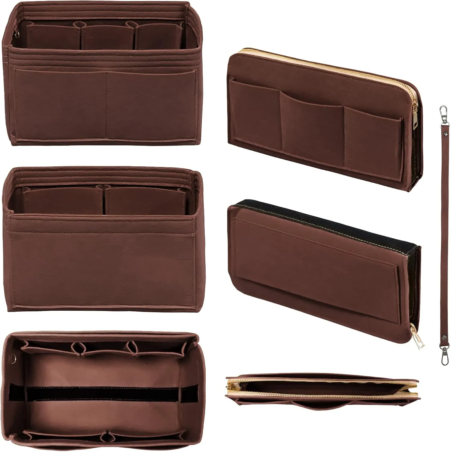 Felt Bag Organizer Insert with Zipper and Key Chain for Tote Purse - Brown Small