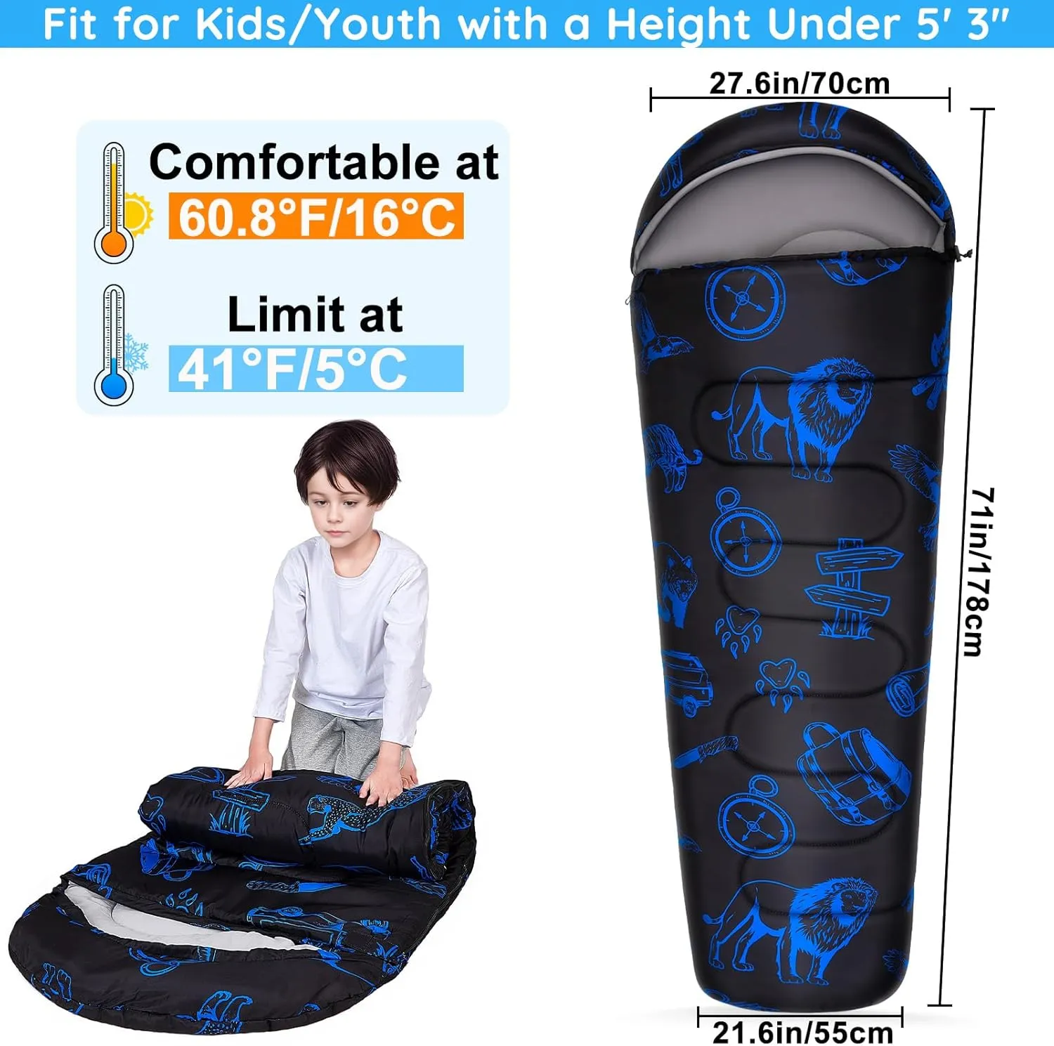 FIOBEE Kids Sleeping Bag for Girls Boys 3 Season Warm & Cool Weather Youth Camping Sleeping Bags with Backpacking Bag Waterproof for Traveling Hiking Indoor Outdoor Camping Essentials