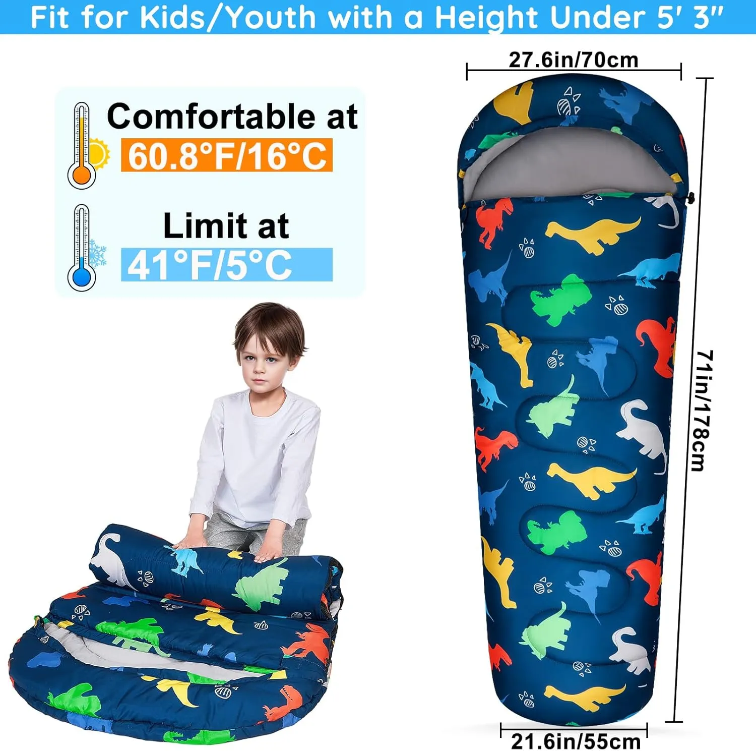 FIOBEE Kids Sleeping Bag for Girls Boys 3 Season Warm & Cool Weather Youth Camping Sleeping Bags with Backpacking Bag Waterproof for Traveling Hiking Indoor Outdoor Camping Essentials