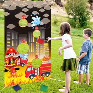 Firetruck Theme Toss Games with Bean Bags, Bean Bag Toss Game for Kids, Firefighter Theme Toss Games Backdrop Banner for Kids Indoor Outdoor Activities Sport Theme Birthday Party Supplies