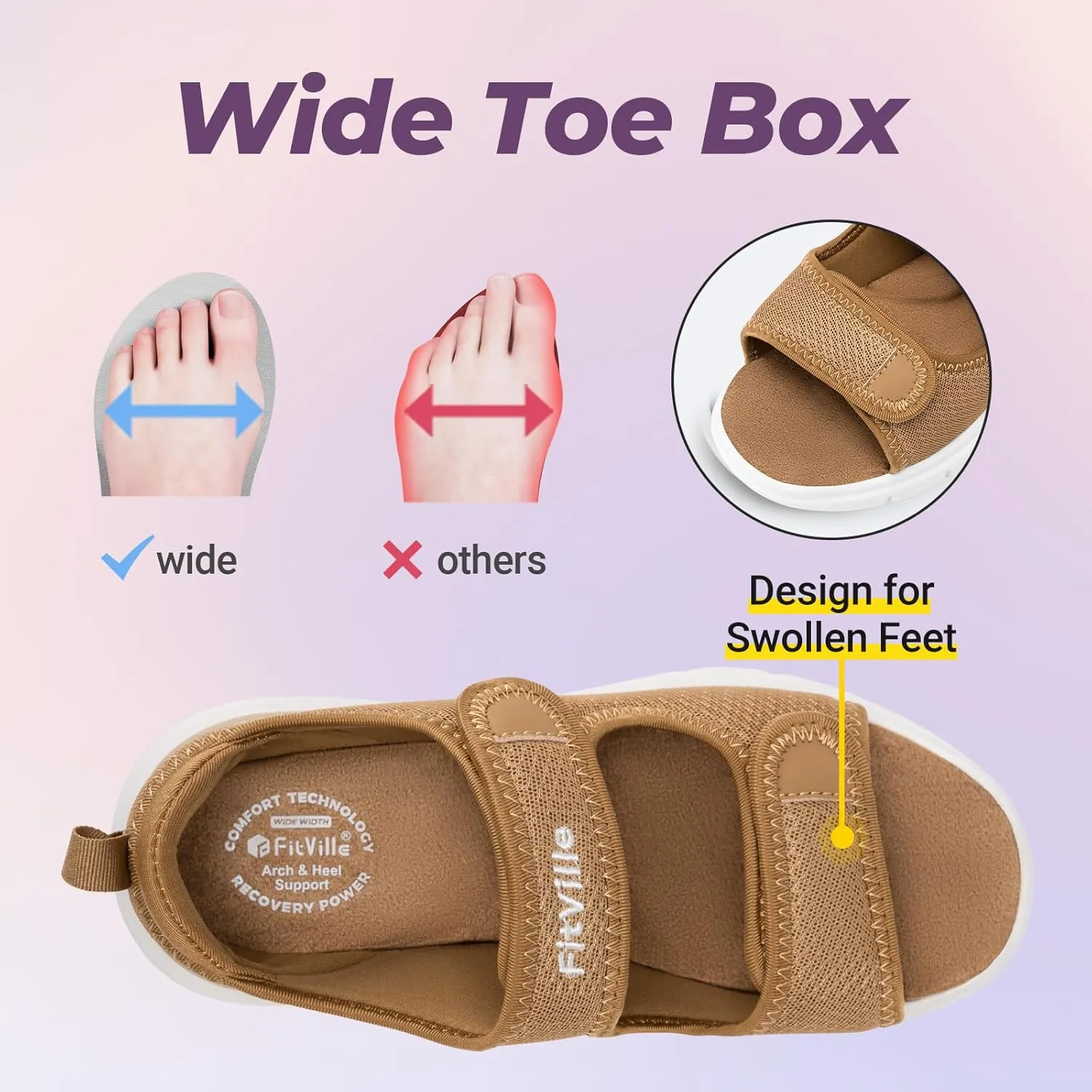 FitVille Diabetic Sandals for Women Wide Width with Arch Support, Adjustable Dual Straps Wide Sandals for Women