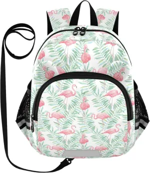 Flamingo Preschool Backpack Tropical Leaves Daycare Bookbag School Backpack with Traction Rope for Kids 3-6