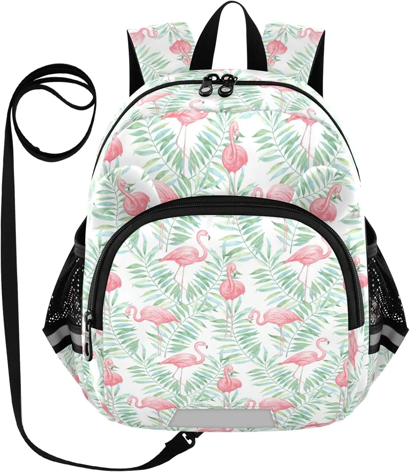 Flamingo Preschool Backpack Tropical Leaves Daycare Bookbag School Backpack with Traction Rope for Kids 3-6