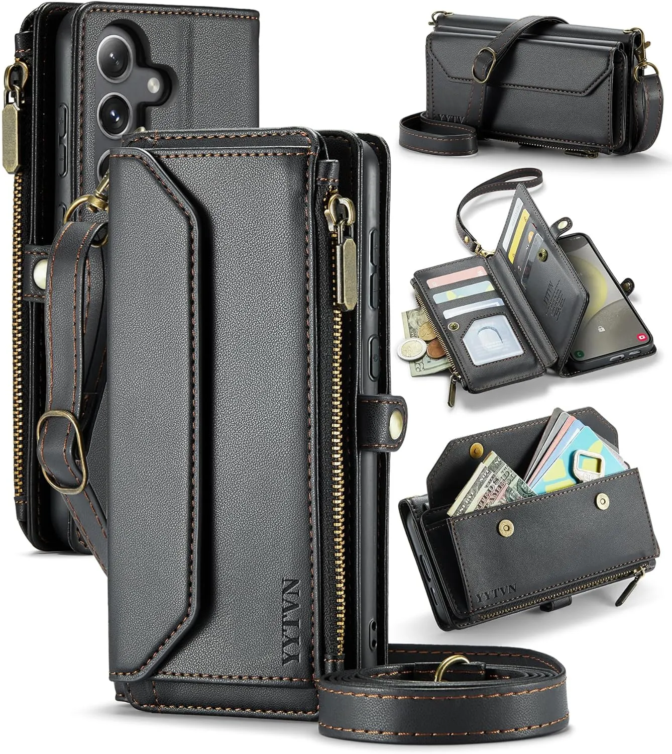 for Samsung Galaxy S24 Wallet Case with Zipper Card Holder & Crossbody Lanyard Strap & Wrist Strap, RFID Blocking PU Leather Magnetic Flip Handbag Purse Case for Galaxy S24 -Black
