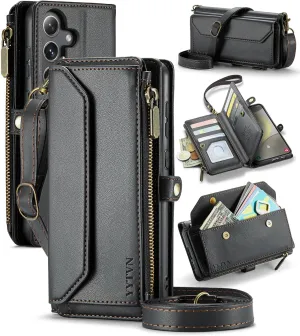 for Samsung Galaxy S24 Wallet Case with Zipper Card Holder & Crossbody Lanyard Strap & Wrist Strap, RFID Blocking PU Leather Magnetic Flip Handbag Purse Case for Galaxy S24 -Black
