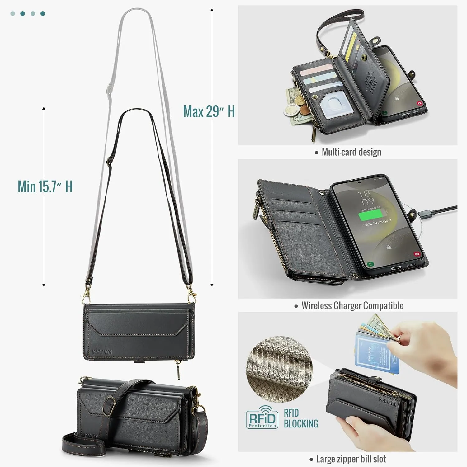 for Samsung Galaxy S24 Wallet Case with Zipper Card Holder & Crossbody Lanyard Strap & Wrist Strap, RFID Blocking PU Leather Magnetic Flip Handbag Purse Case for Galaxy S24 -Black