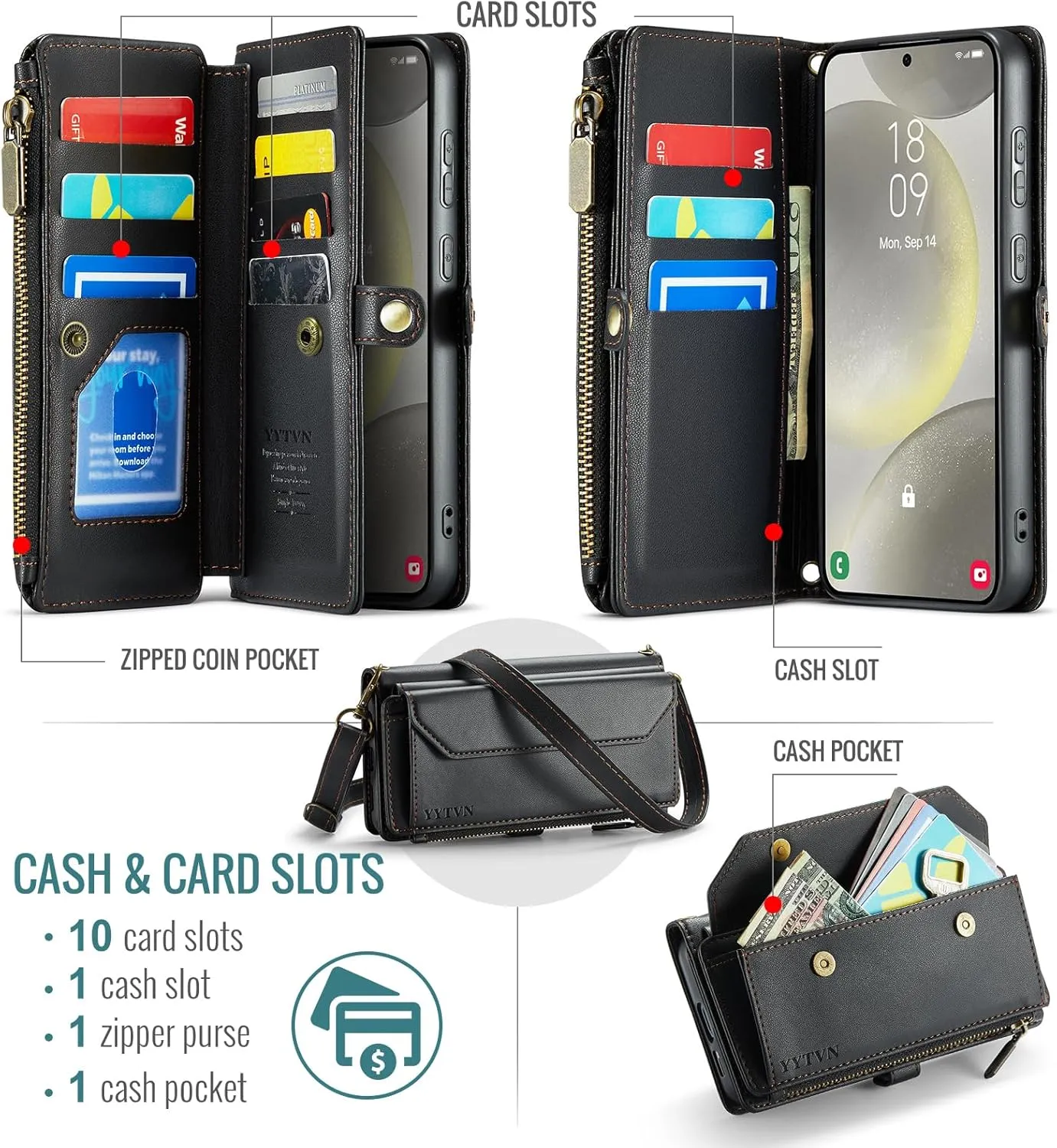 for Samsung Galaxy S24 Wallet Case with Zipper Card Holder & Crossbody Lanyard Strap & Wrist Strap, RFID Blocking PU Leather Magnetic Flip Handbag Purse Case for Galaxy S24 -Black