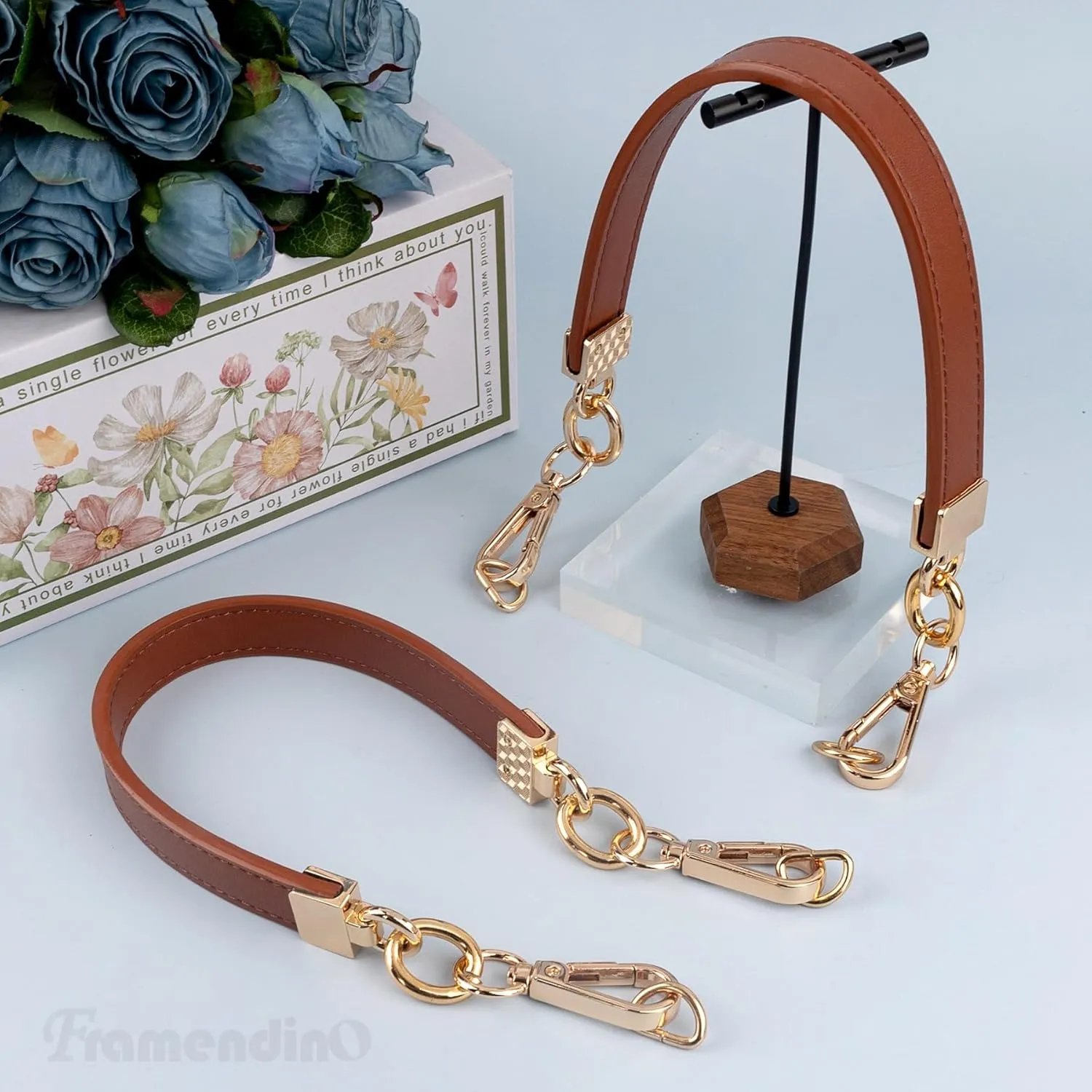 Framendino, 2 Pack Purse Leather Handles Replacement Shoulder Straps Handle Short Clutch Bag with D Ring for Cross Body Wallet (Coffee)