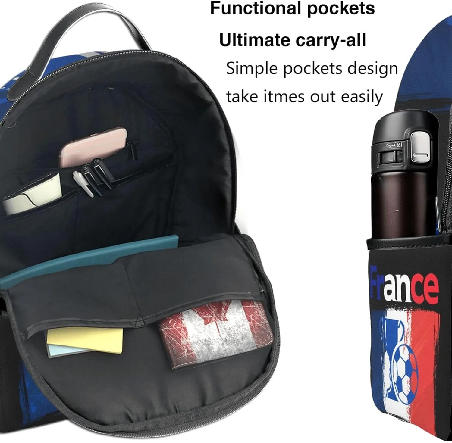 France French Football Soccer Flag Casual Backpacks Laptop Backpack Carry-on Daypack Sports Travel Rucksack Lightweight Working Bag for Outdoor Hiking Cycling Walking