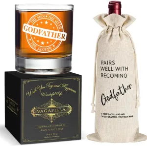 Funny Whiskey Glass Gifts for Godfather, The Man The Myth The Legend Whiskey Glass with Wine Bag, Fathers Day Birthday Gift for Godfather, First Time Godfather Gifts for Christmas