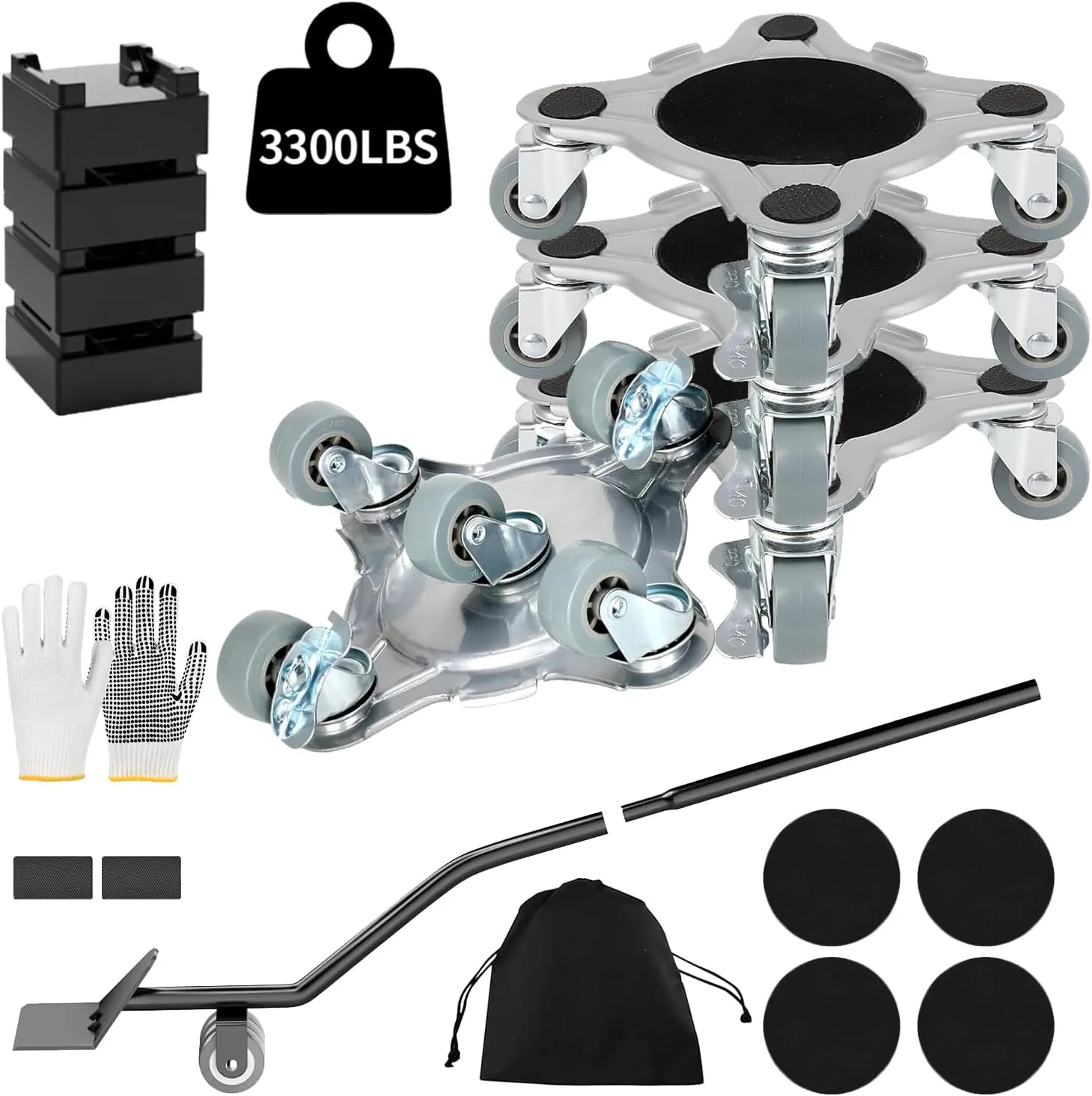 Furniture Dolly, Carbon Steel Panel Furniture Movers with 5 Wheels, Locking 360° Swivel Rubber Casters, Furniture Sliders Pro Kit, Furniture Lifting Tool Maximum Load 3300LBS, Gray Wheels (Standard)