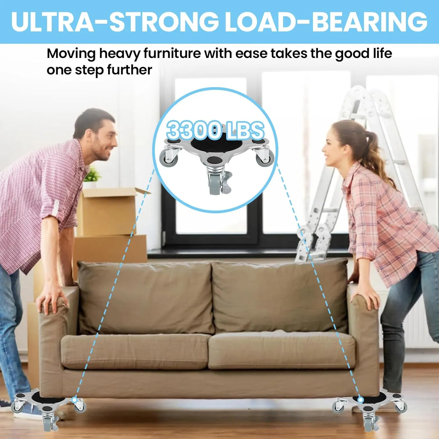 Furniture Dolly, Carbon Steel Panel Furniture Movers with 5 Wheels, Locking 360° Swivel Rubber Casters, Furniture Sliders Pro Kit, Furniture Lifting Tool Maximum Load 3300LBS, Gray Wheels (Standard)