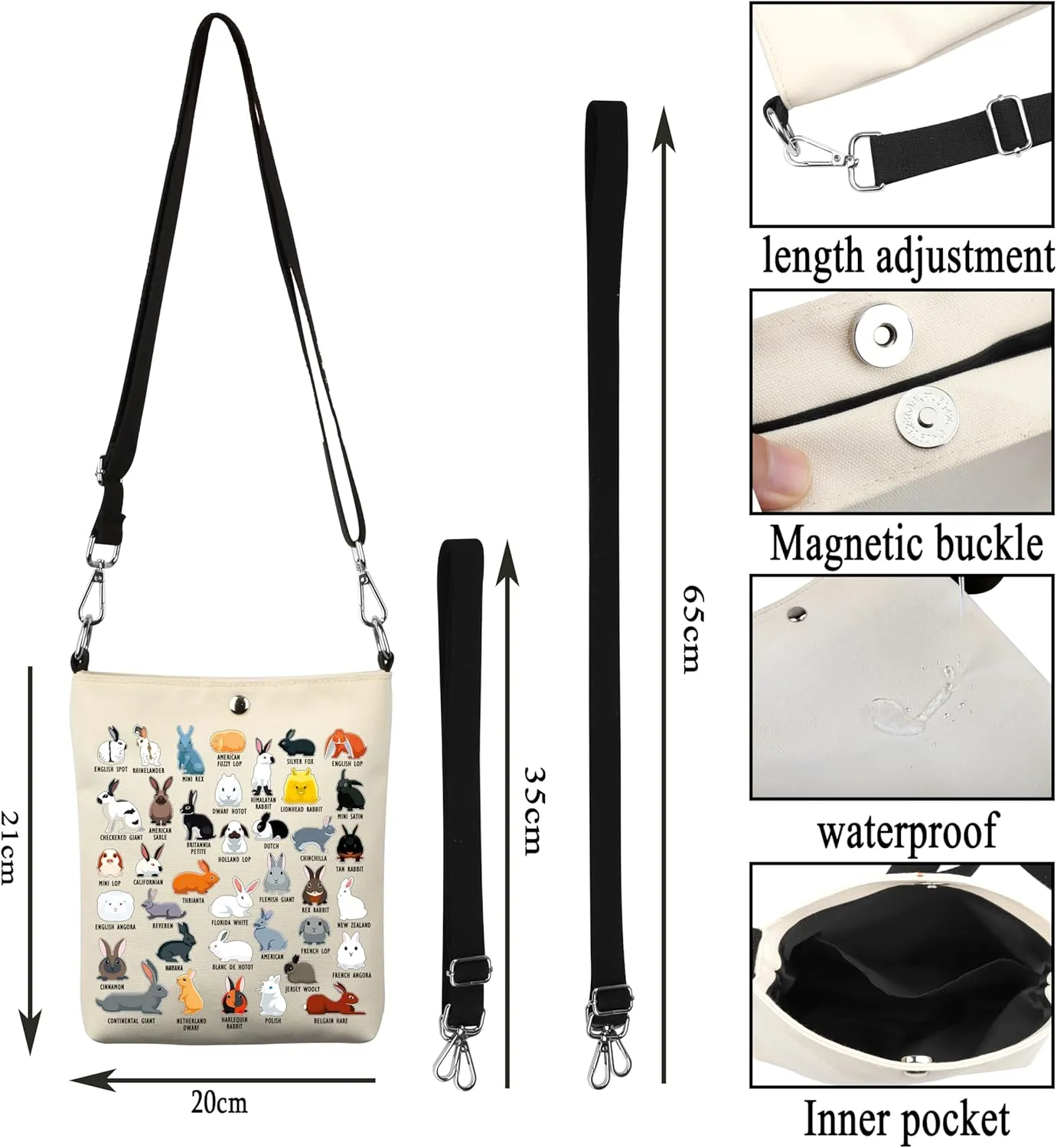 G2TUP Bunny Lover Crossbody Bag - Rabbit Fan Gift Type of Rabbits Travel Bag