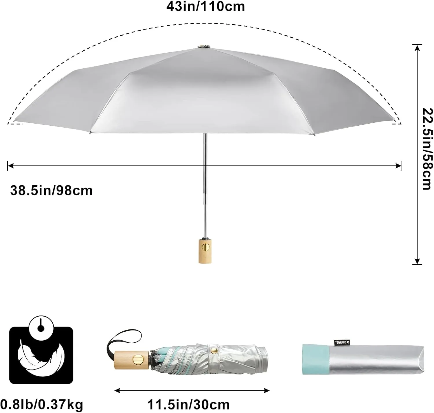 G4Free UPF 50  UV Protection Travel Umbrella with Wooden Handle, 42 Inch Lightweight Sun Rain Folding Umbrellas Auto Open Close (Lake Blue)