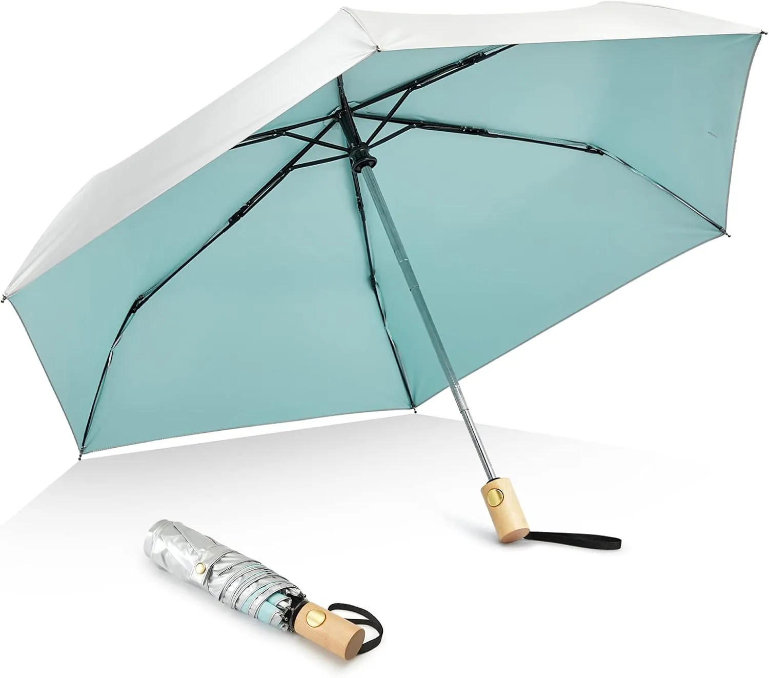 G4Free UPF 50  UV Protection Travel Umbrella with Wooden Handle, 42 Inch Lightweight Sun Rain Folding Umbrellas Auto Open Close (Lake Blue)