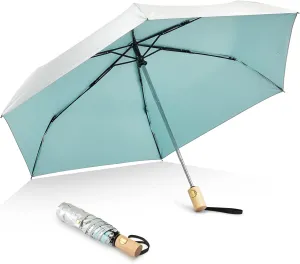 G4Free UPF 50  UV Protection Travel Umbrella with Wooden Handle, 42 Inch Lightweight Sun Rain Folding Umbrellas Auto Open Close (Lake Blue)