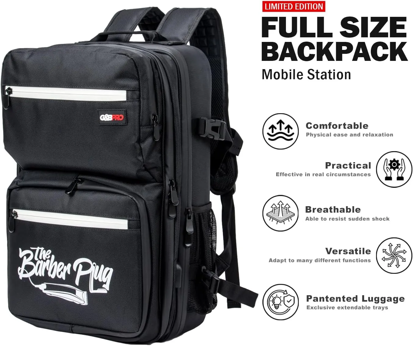 G&BPRO Full Size Backpack with Extending Tray System | All-in-one Mobile Workstation Travel Bag (The Barber Plug Limited Edition)