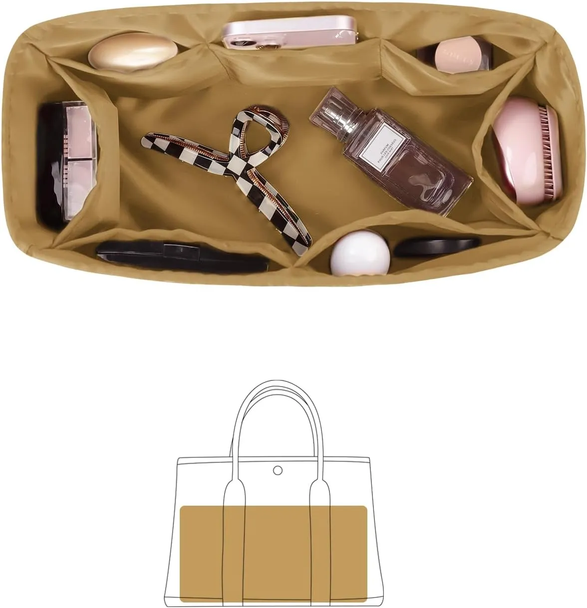 Garden Party 30 Insert, Bag Organizer Compatible with Hermes Garden Party Tote, Silk Fabric Bag-in-bag for Luxury Bags with Multiple Pockets for Storage (Biscuit, GP30)
