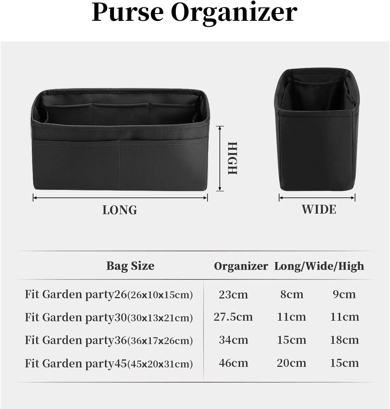Garden Party 30 Insert, Bag Organizer Compatible with Hermes Garden Party Tote, Silk Fabric Bag-in-bag for Luxury Bags with Multiple Pockets for Storage (Black, GP30)
