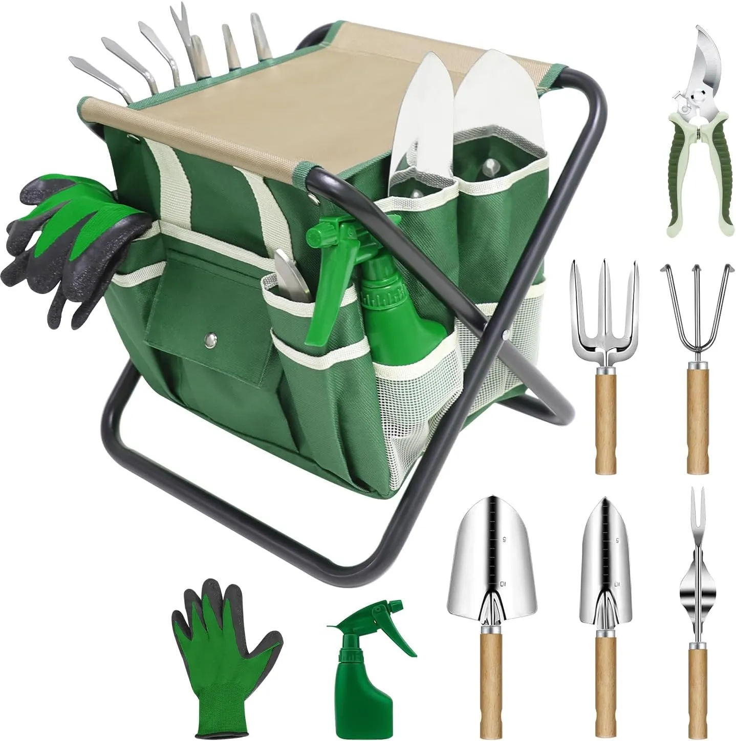 Garden Tool Set, 10 Piece Kit With Heavy Duty Folding Stool, Detachable Storage Tote Bag, Stainless Steel Tools, Gifts for Women Men Green