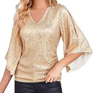Generic Womens Sequin Tops 3/4 Sleeve Glitter Sparkly Blouse V Neck Dressy Tops for Evening Party Short Sleeve Sports Shirts