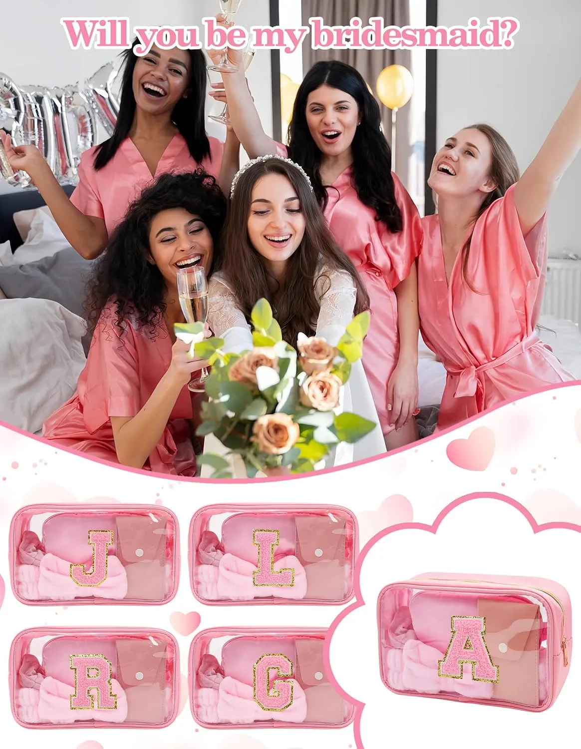 Gift Sets for Women, Initial Makeup Bag with Makeup Brush Set Bachelorette Party Favors, Pink Spa Kit with Skincare Headbands Wrist Bands Sleepover Party Supplies Gifts for Teen Girls Bridesmaid A