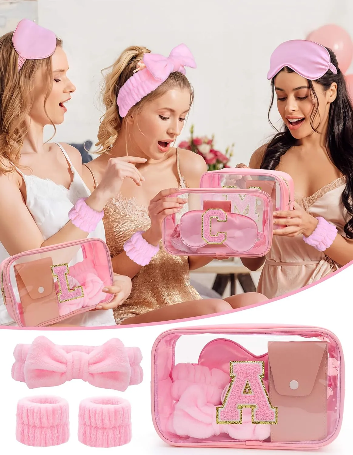 Gift Sets for Women, Initial Makeup Bag with Makeup Brush Set Bachelorette Party Favors, Pink Spa Kit with Skincare Headbands Wrist Bands Sleepover Party Supplies Gifts for Teen Girls Bridesmaid A