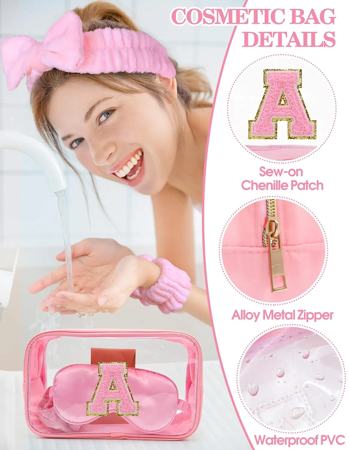 Gift Sets for Women, Initial Makeup Bag with Makeup Brush Set Bachelorette Party Favors, Pink Spa Kit with Skincare Headbands Wrist Bands Sleepover Party Supplies Gifts for Teen Girls Bridesmaid A